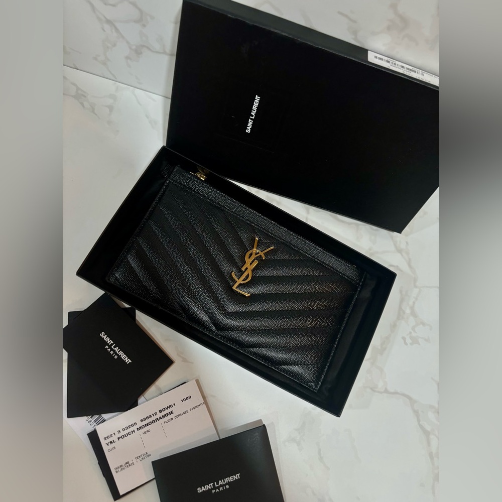 YSL Monogram Small Ziptop Bill Pouch in Grained Leather